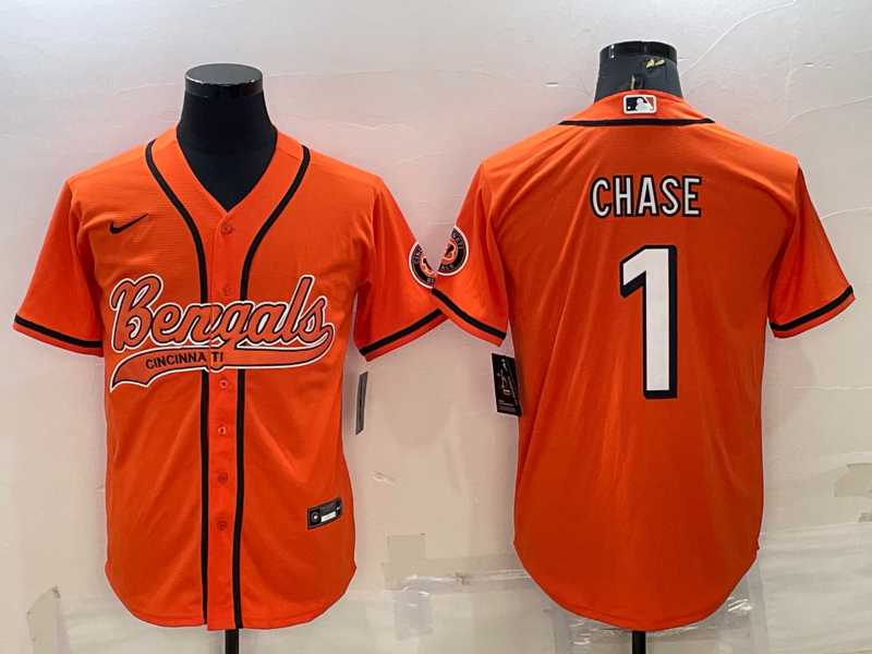 Men%27s Cincinnati Bengals #1 JaMarr Chase Orange With Patch Cool Base Stitched Baseball Jersey->cincinnati bengals->NFL Jersey